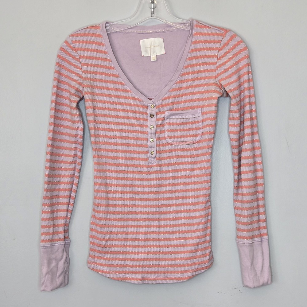 Victoria's Secret Thermal Henley Shirt XS Purple Pink Striped Gold Glitter 2009